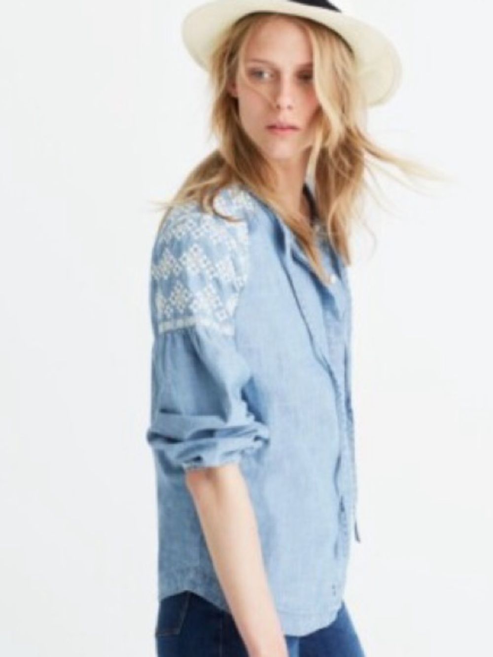 Madewell Light Blue Chambray Top with Embroidery Size XS